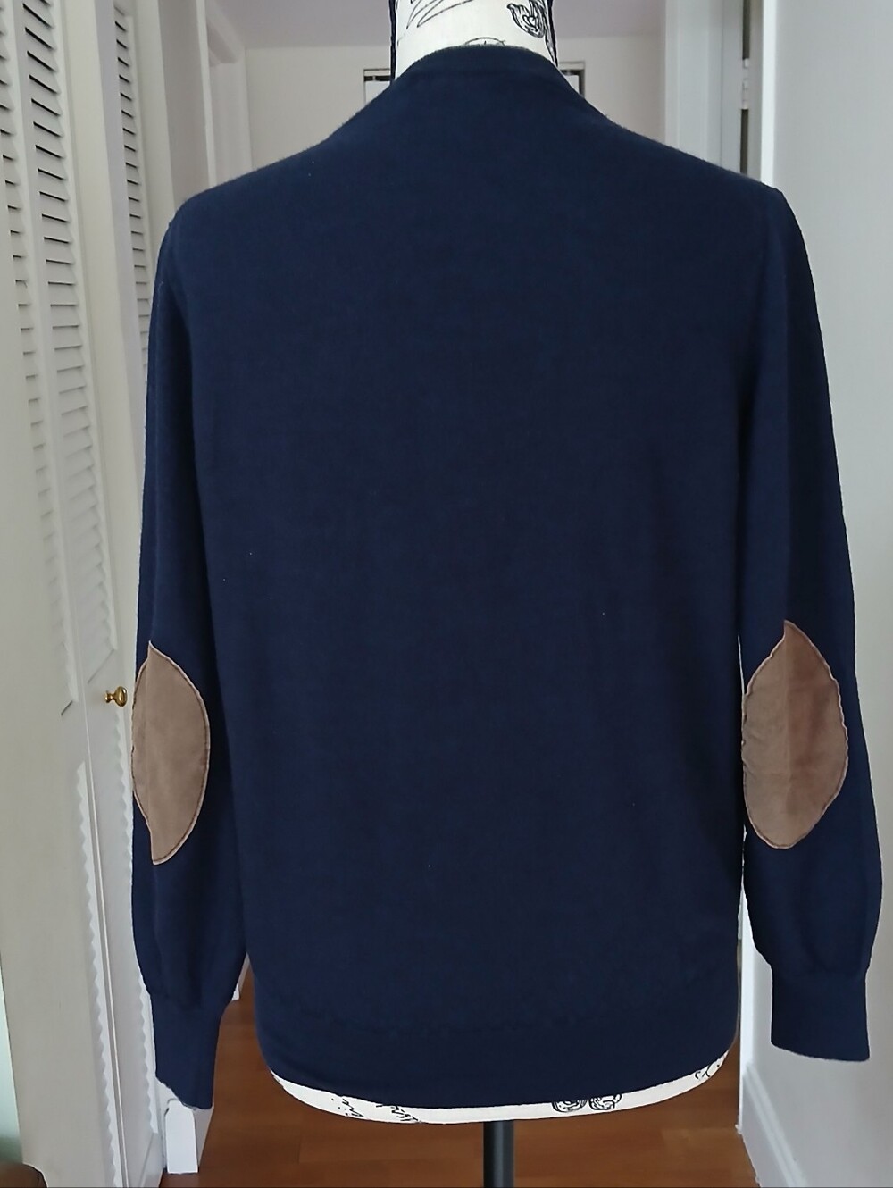 Brunello Cucinelli Men's Navy Sweater with Brown Elbow Patches - Picture 5 of 8